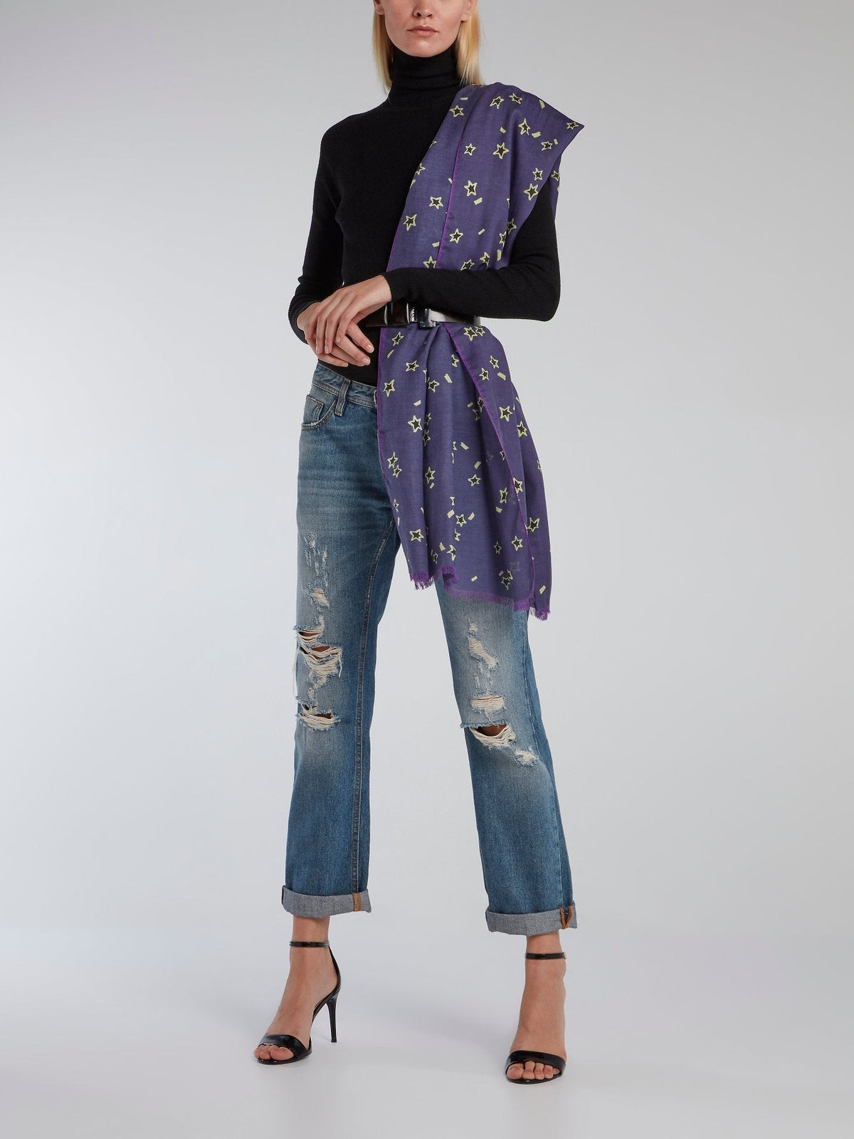 Purple Star Print Frayed Scarf