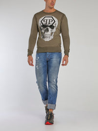 Olive Reflective Monogram Skull Sweatshirt