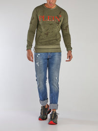 Green Side Zip Distressed Sweatshirt