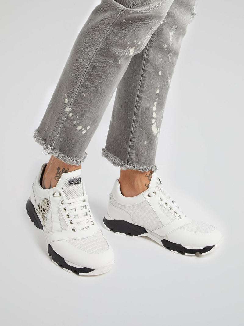 White Mesh Panel Skull Sneakers