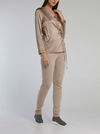 Brown Lace Trim Wrap Top