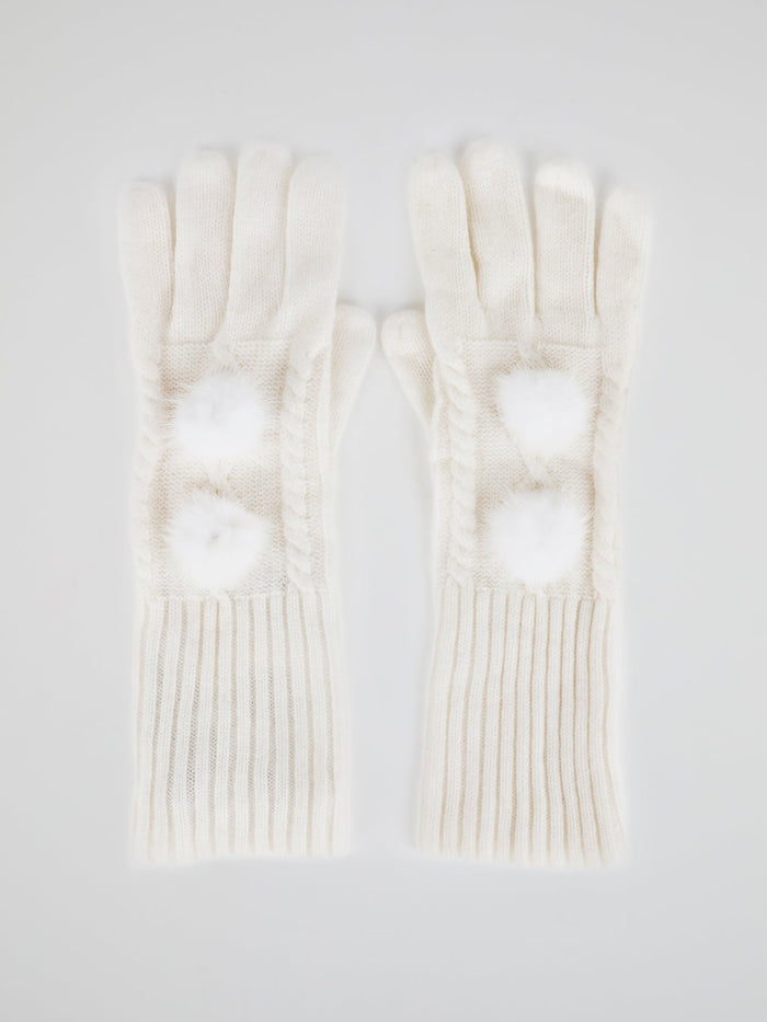 White Mink Fur Pom Pom Gloves