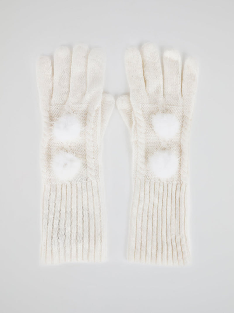 White Mink Fur Pom Pom Gloves