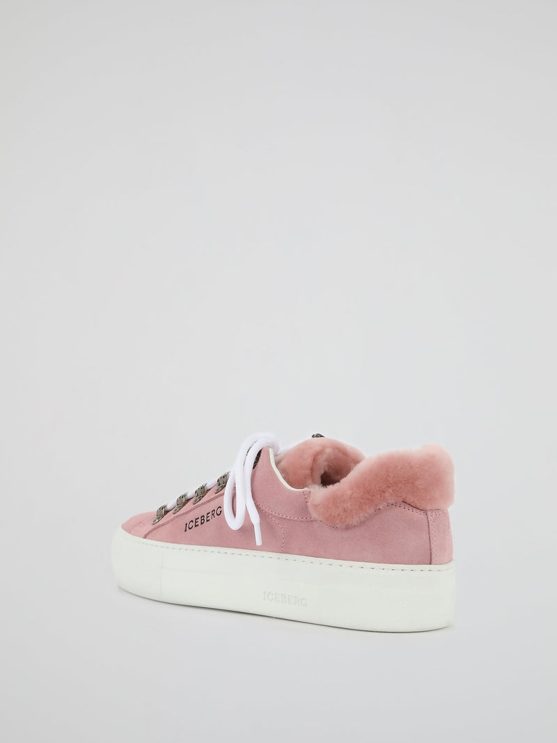 Pink Fur Trim Suede Trainers