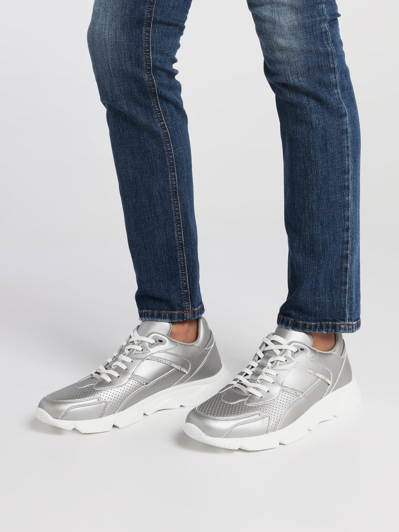 Silver Perforated Leather Sneakers