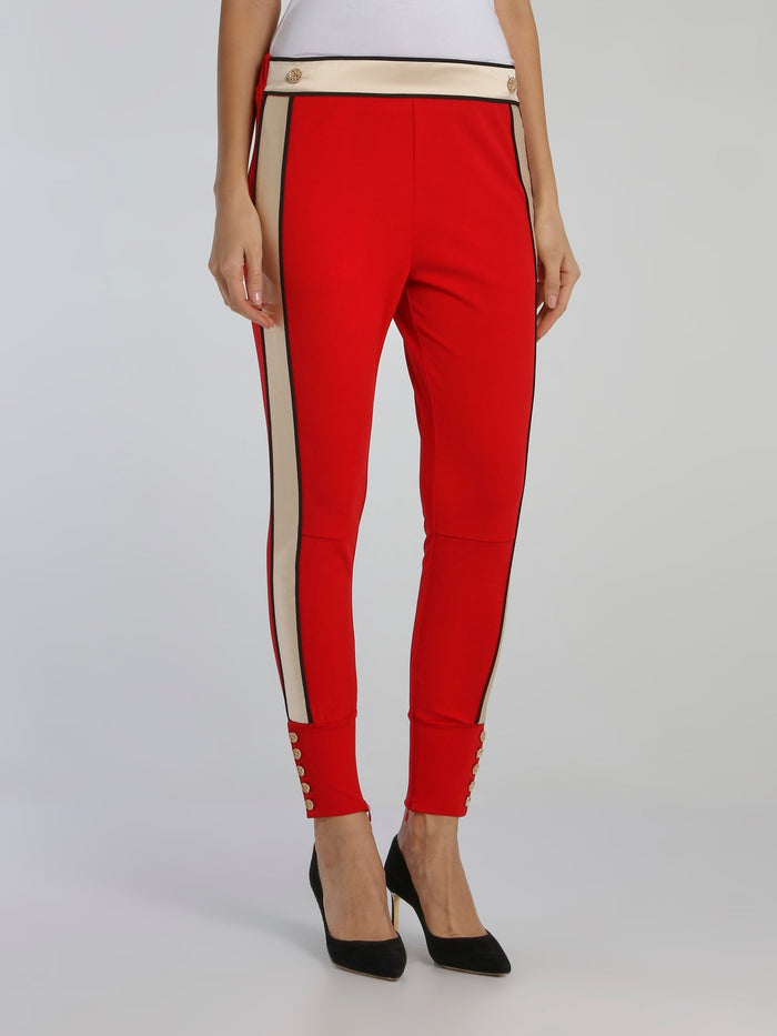 Red Button Detail Waistband Pants