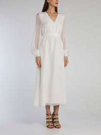 White Bishop Sleeve Studded Midi Dress