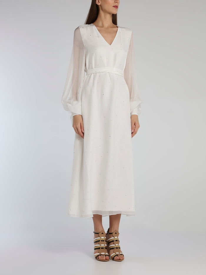 White Bishop Sleeve Studded Midi Dress