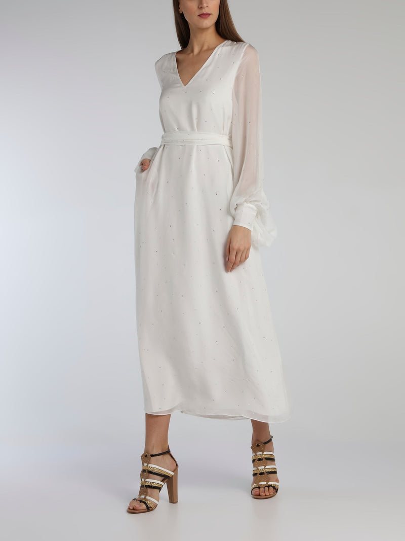 White Bishop Sleeve Studded Midi Dress