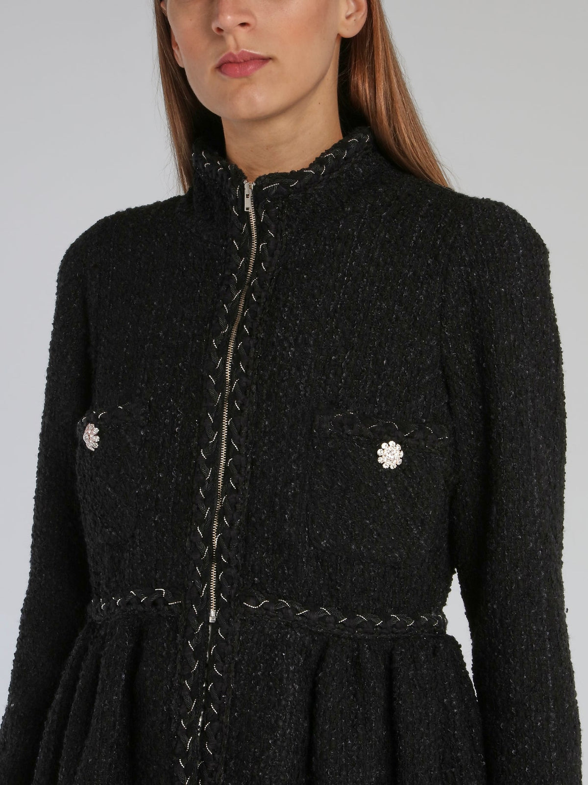 Black Zip Up Tweed Coat