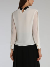 White Ribbon Detail Mesh Sleeve Top