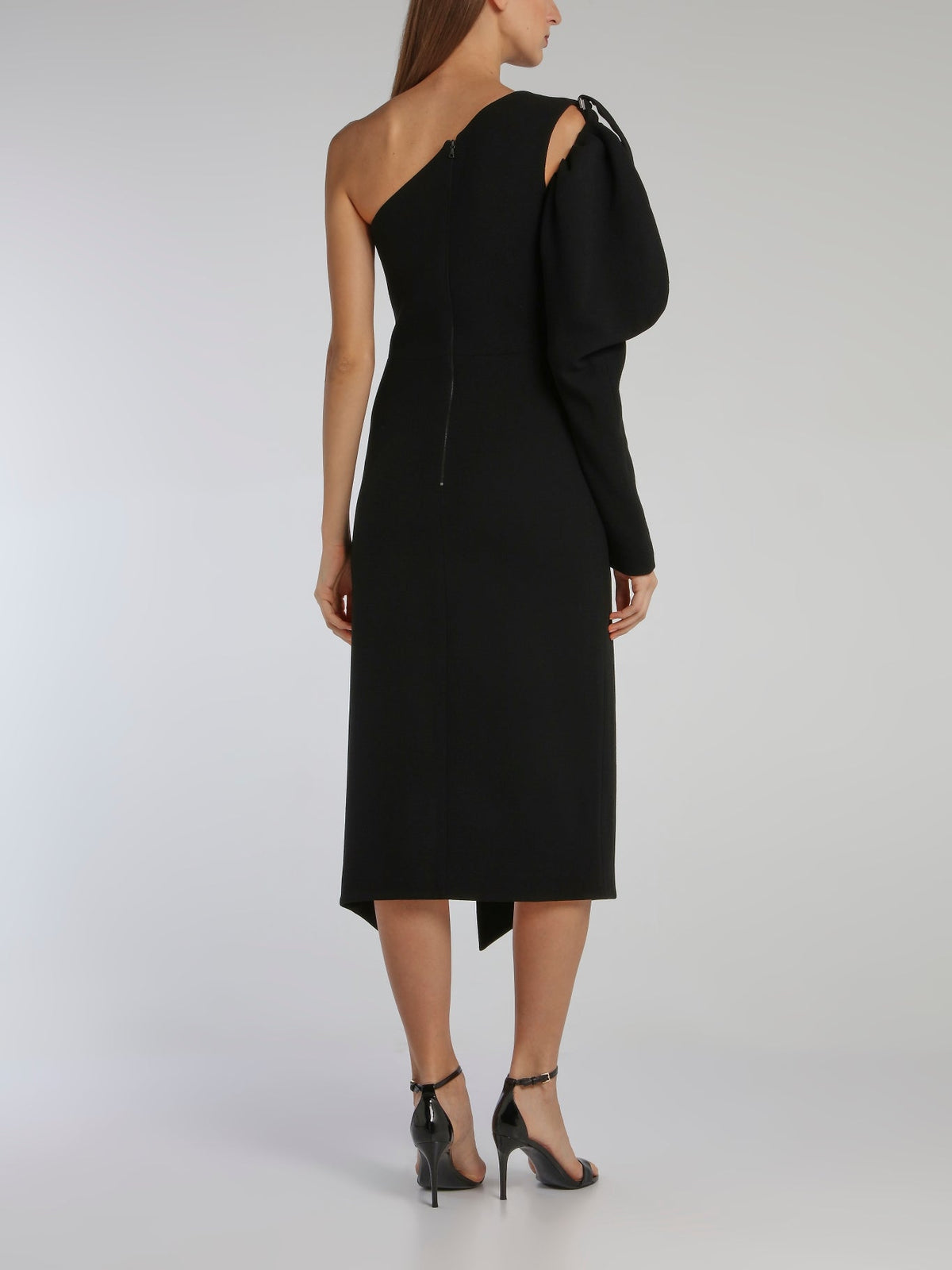 Black Puff Sleeve Wool Crepe Midi Dress