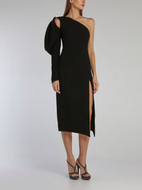 Black Puff Sleeve Cloque Midi Dress