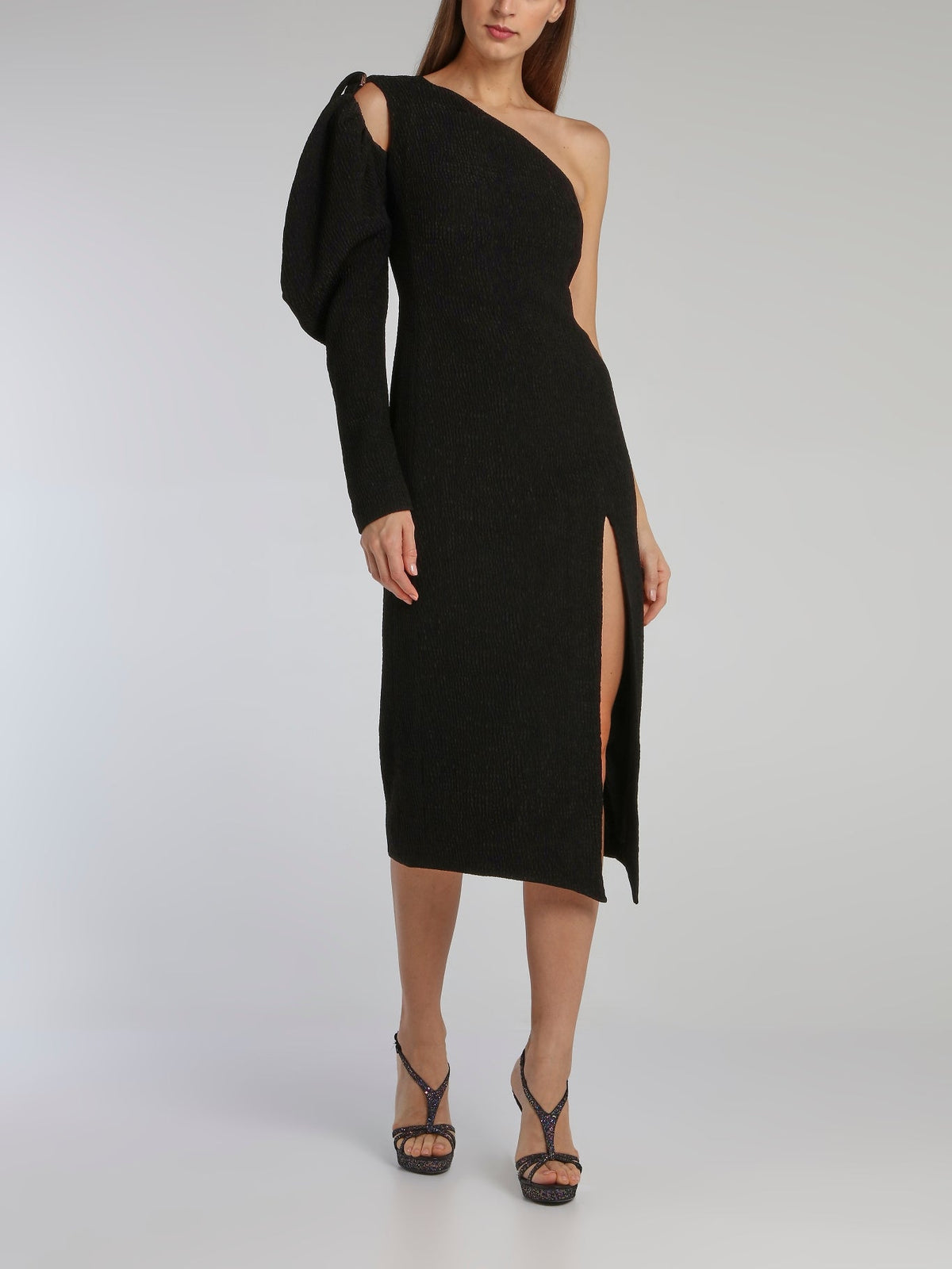 Black Puff Sleeve Cloque Midi Dress