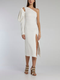 White Puff Sleeve Cloque Midi Dress