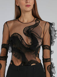 Black Snake Lace Ruffle Bodysuit