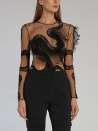 Black Snake Lace Ruffle Bodysuit