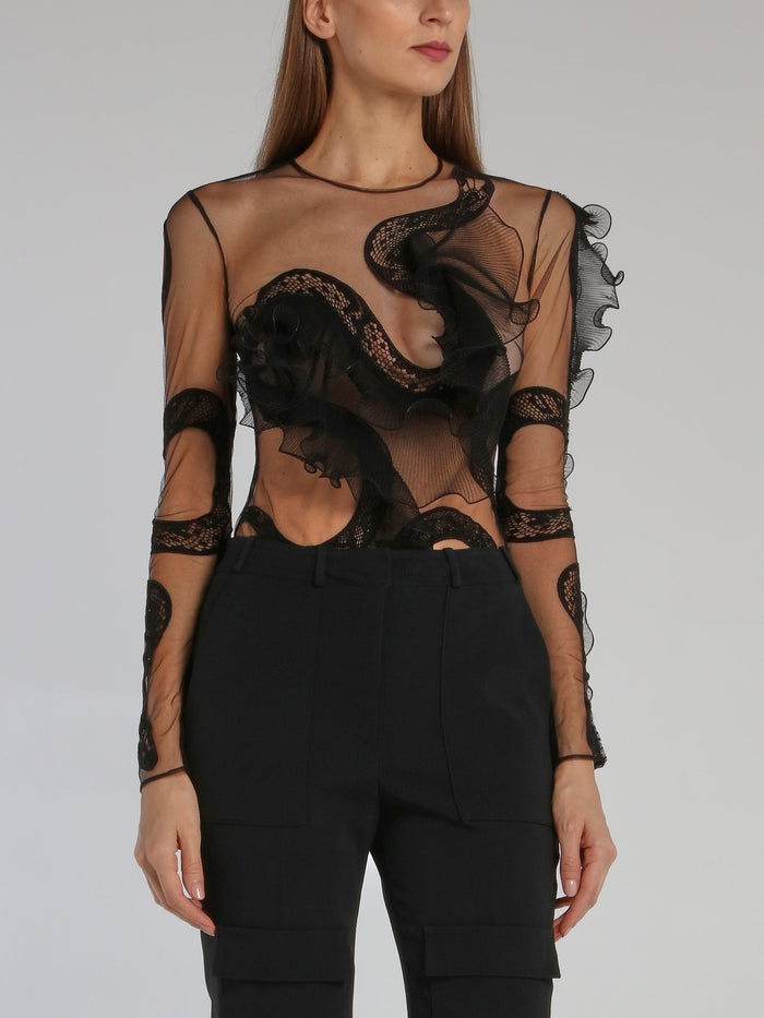 Black Snake Lace Ruffle Bodysuit