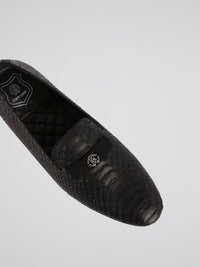 Black Reptilian Textured Loafers