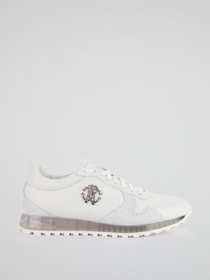 White Textured Panel Leather Sneakers