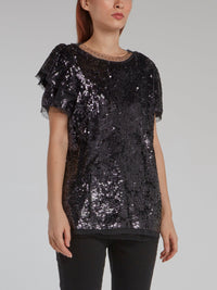 Black Tulle Trim Sequin Top