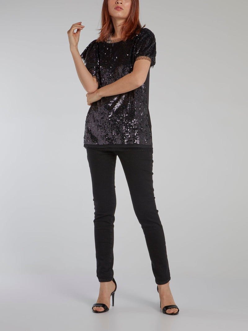 Black Tulle Trim Sequin Top