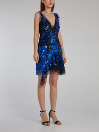 Blue Deep-V Paillette Tulle Dress