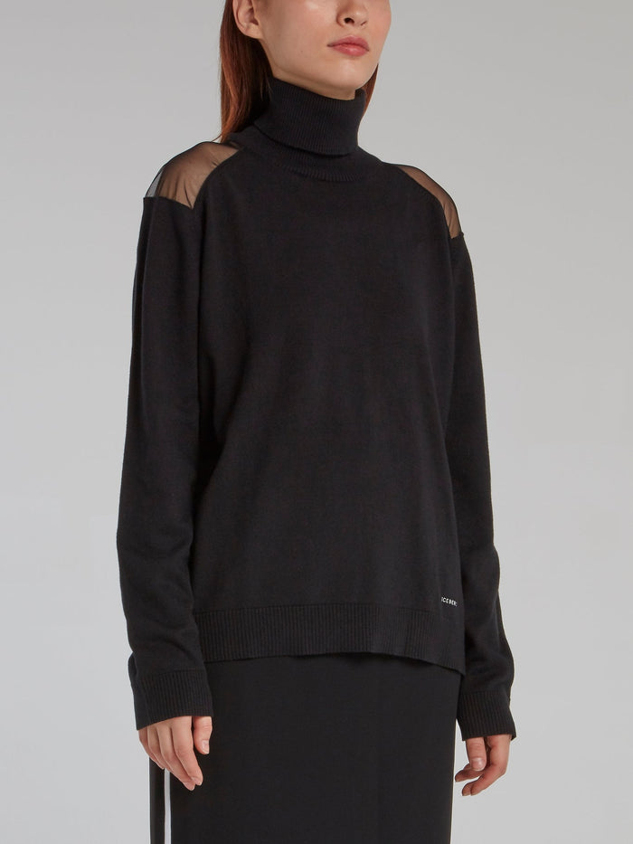 Black Mesh Shoulder Turtleneck Top