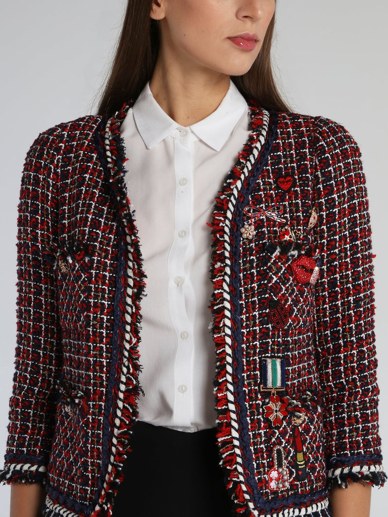 Appliqu��d Check Tweed Jacket