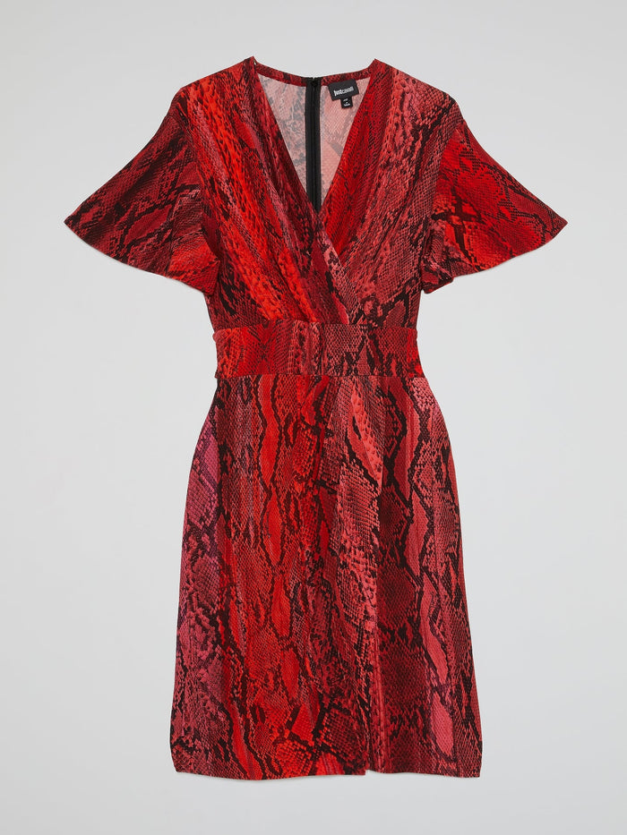 Red Snake Print Surplice Mini Dress