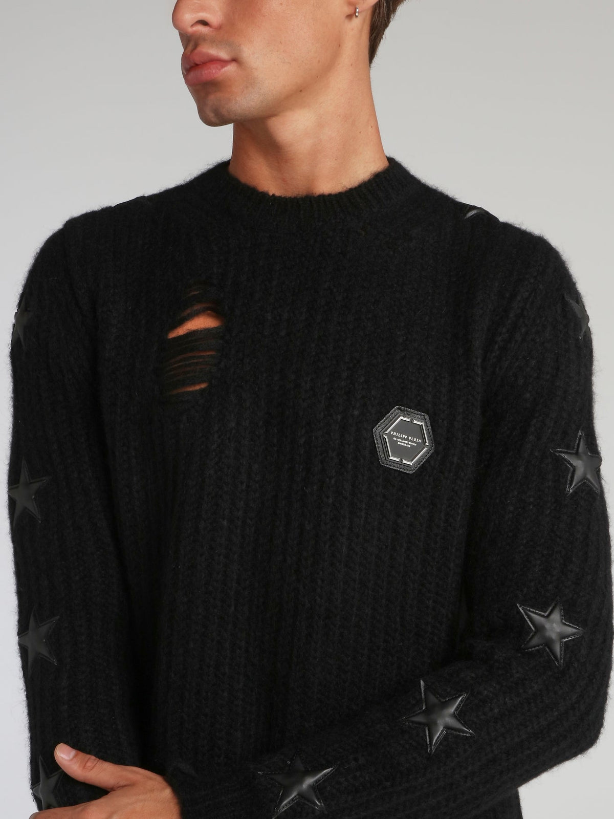 Black Distressed Ribbed Pullover