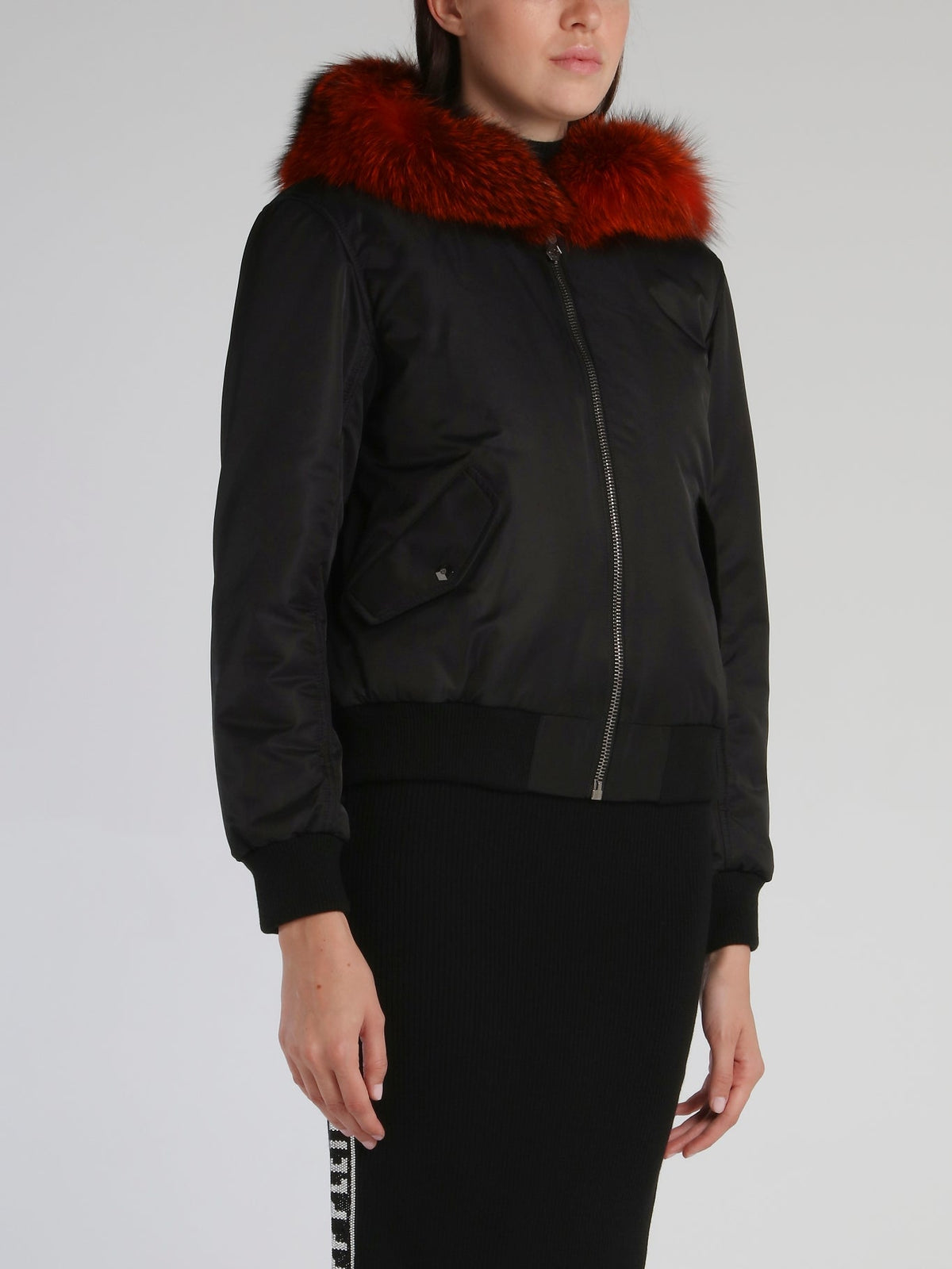 Black Fur Hood Bomber Jacket