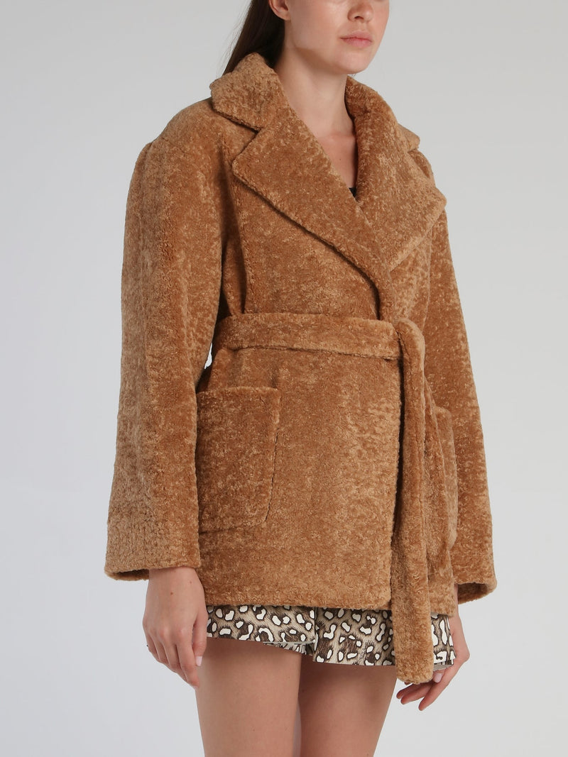 Brown Oversized Faux-Fur Logo Coat