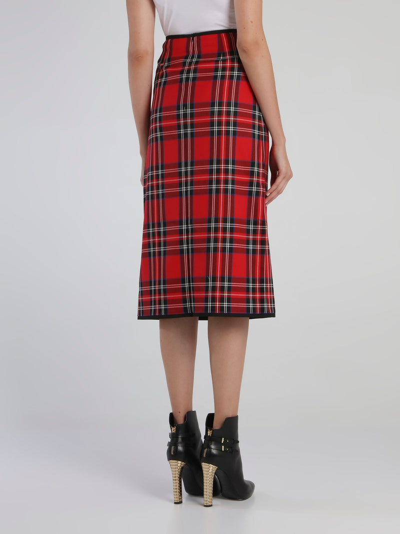 Red Scotland Check Front-Slit Skirt