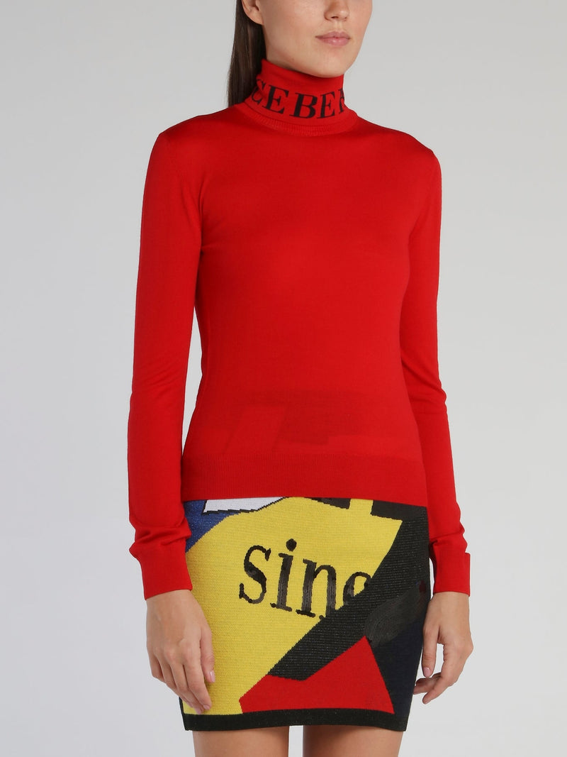 Red Logo Knitted Turtleneck Top