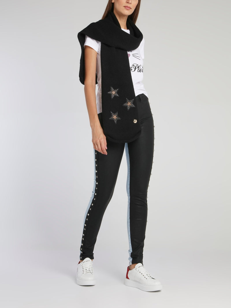 Black Star Appliqu��d Long Scarf