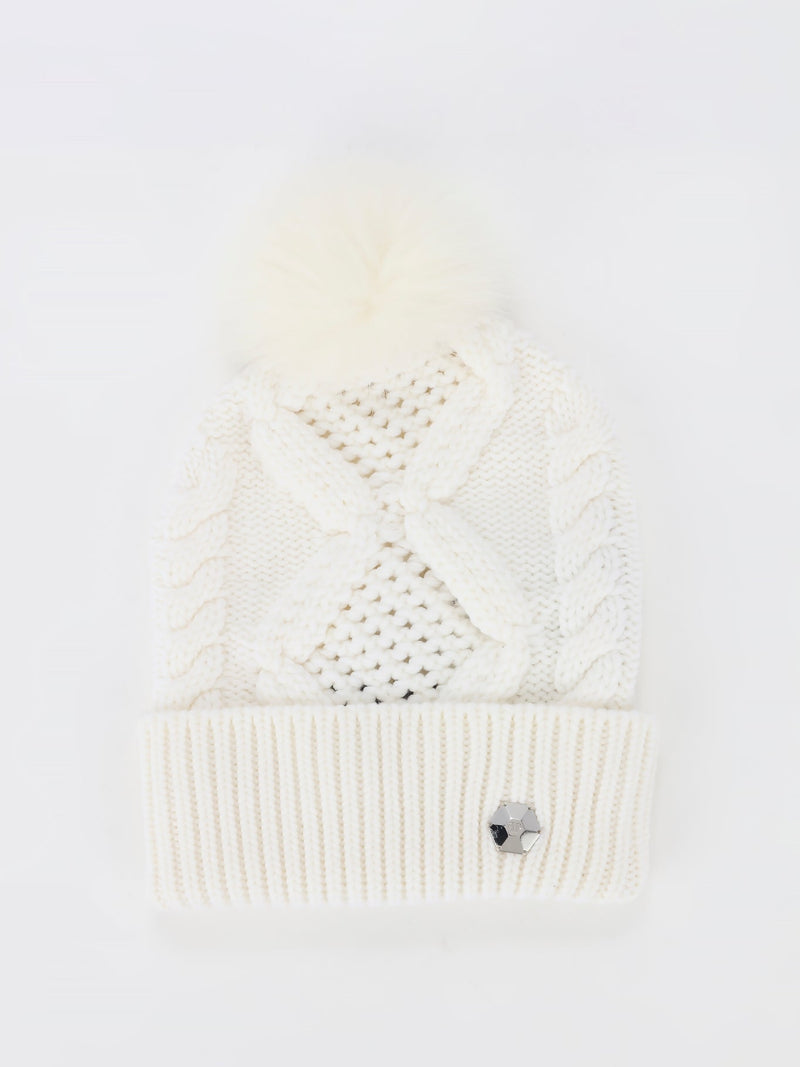 White Ribbed Pom Pom Beanie