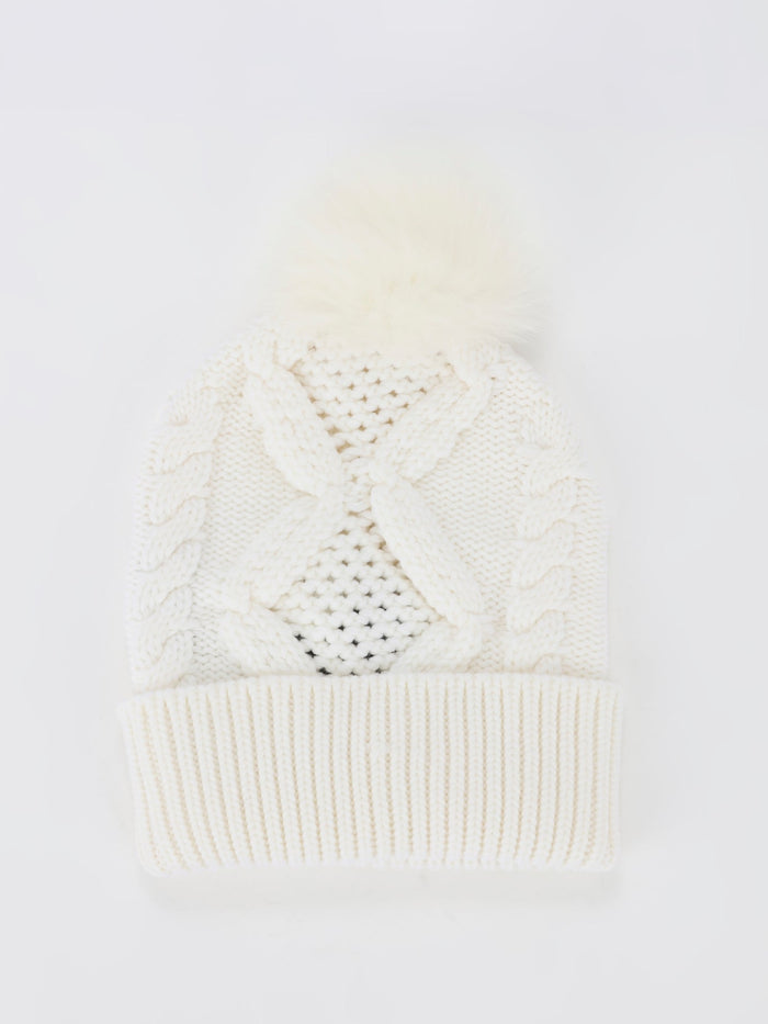 White Ribbed Pom Pom Beanie