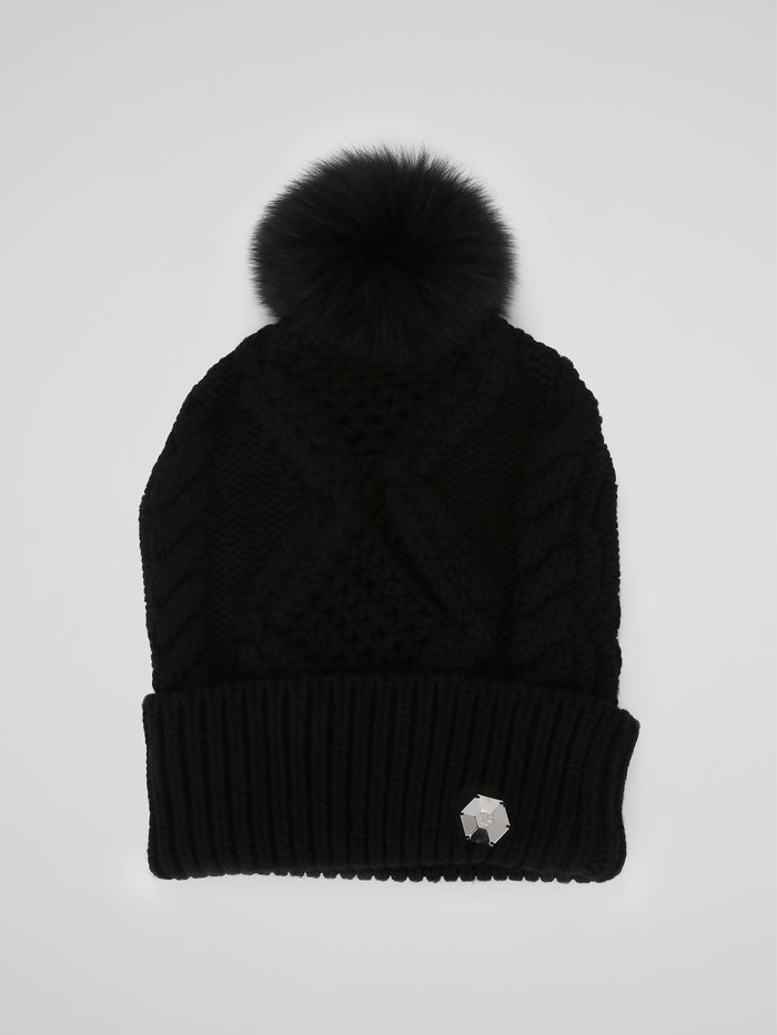 Black Ribbed Pom Pom Beanie