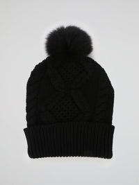 Black Ribbed Pom Pom Beanie