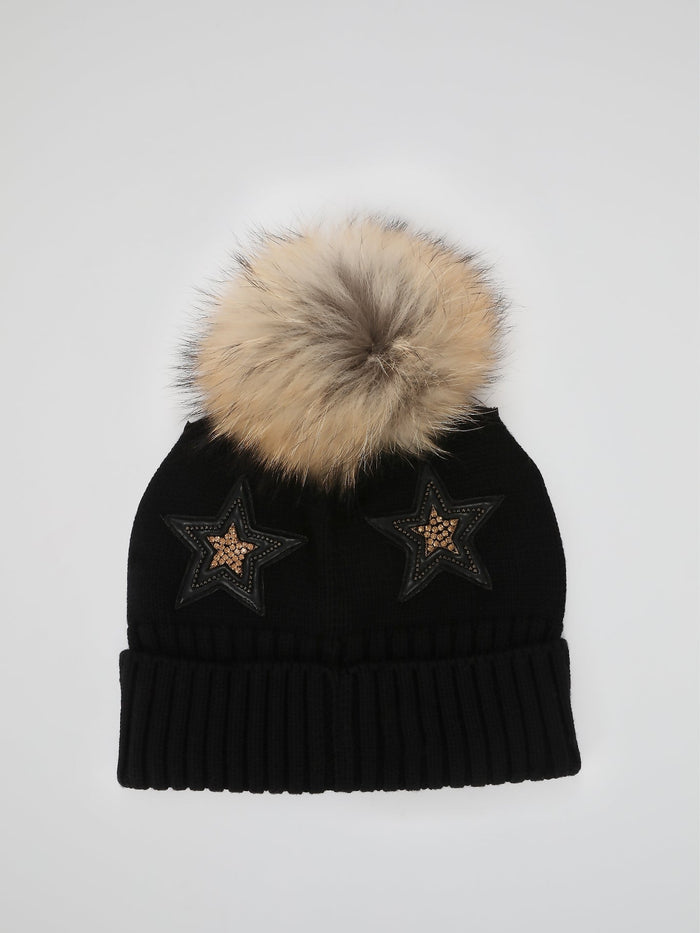 Black Studded Fold Over Pom Pom Beanie