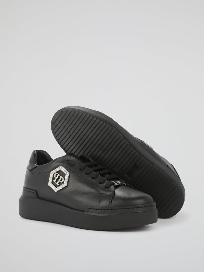 Black Crystal Monogram Leather Sneakers