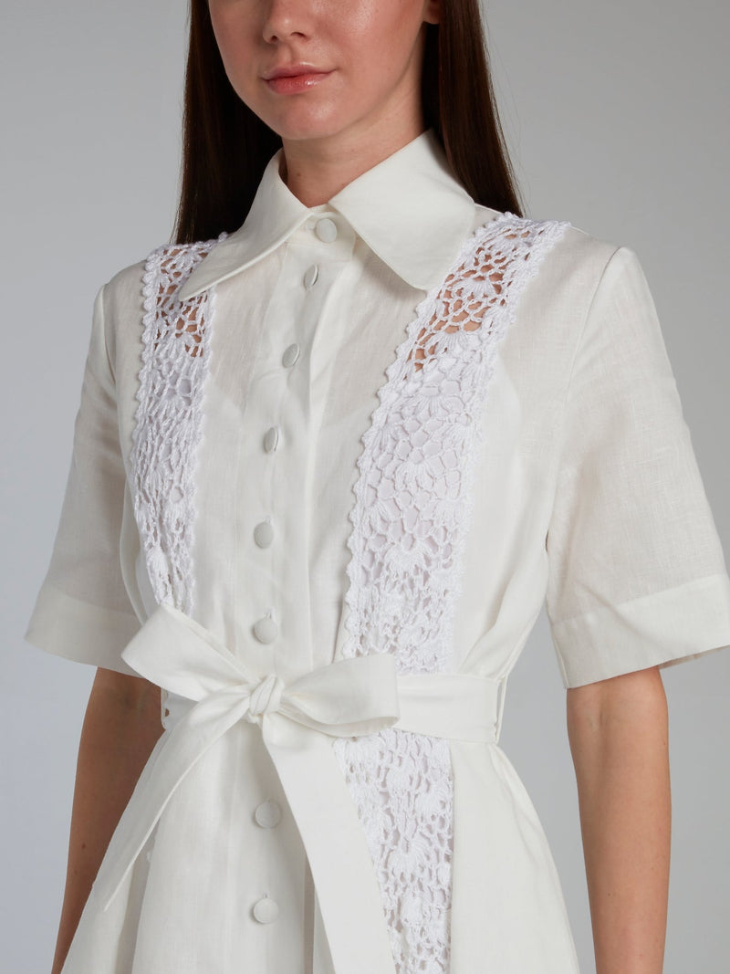 White Crochet Panel Linen Shirt Dress