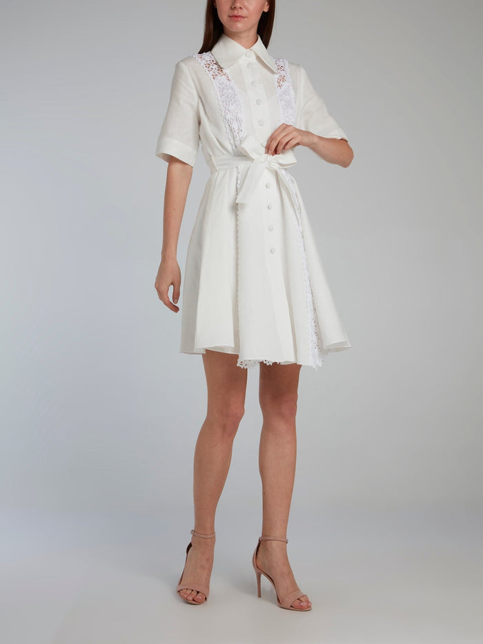 White Crochet Panel Linen Shirt Dress