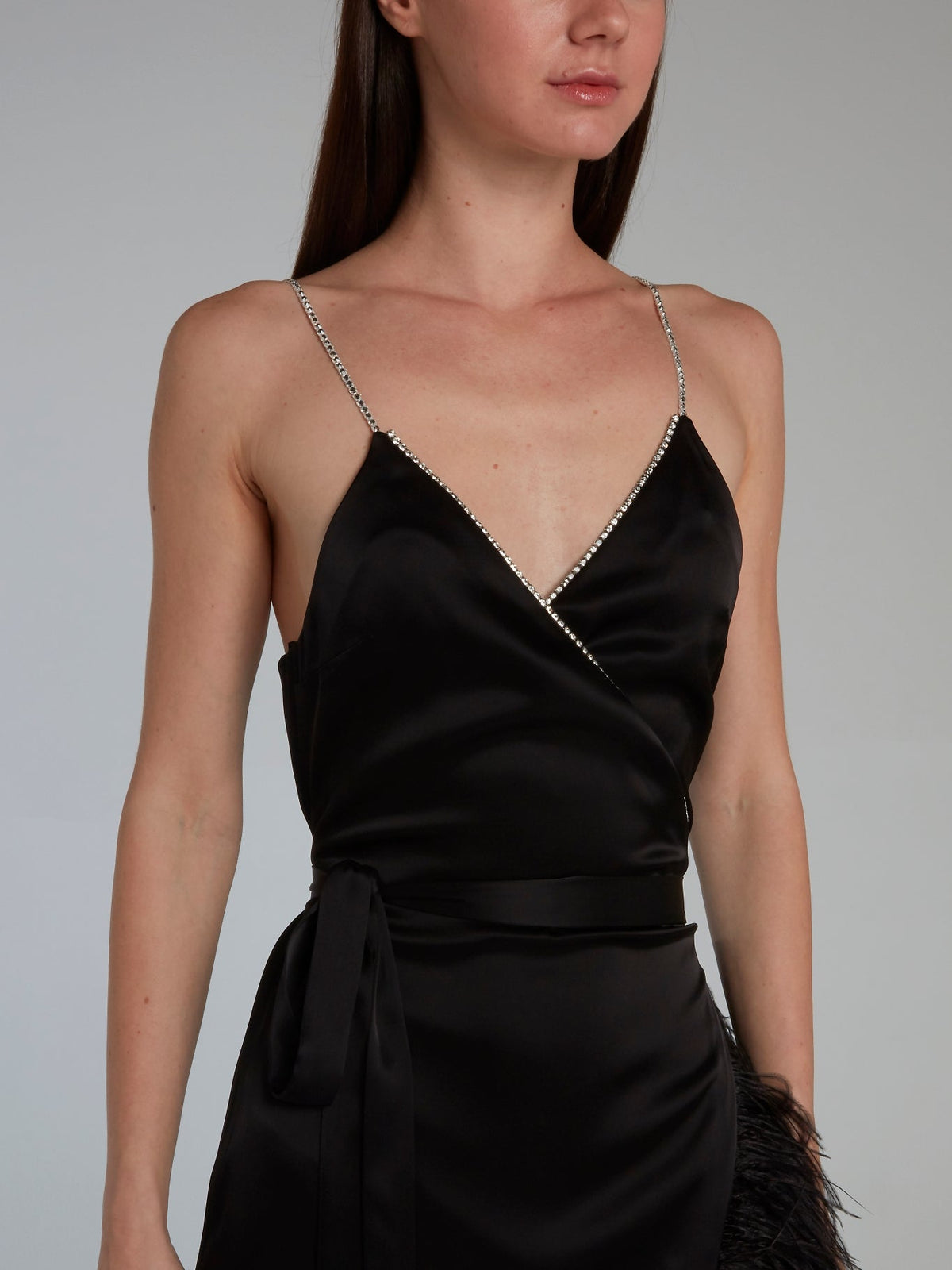 Black Crystal and Feather Trim Cami Wrap Gown