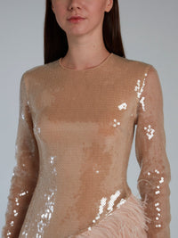 Beige Feather Hem Long Sleeve Sequin Dress