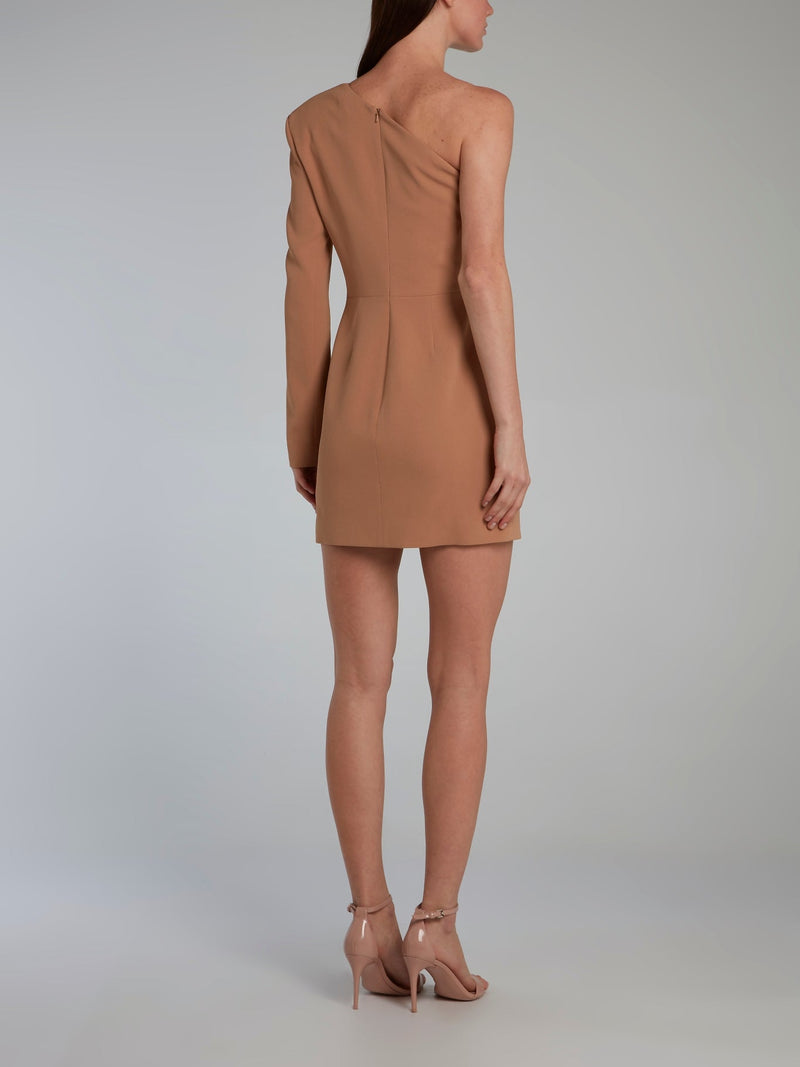 Beige Asymmetric Embroidered Mini Dress