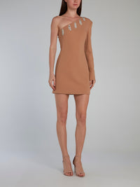 Beige Asymmetric Embroidered Mini Dress