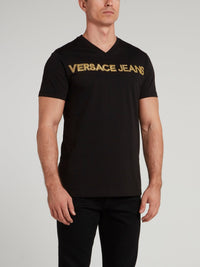 Black Logo Embroidered V-Neck T-Shirt