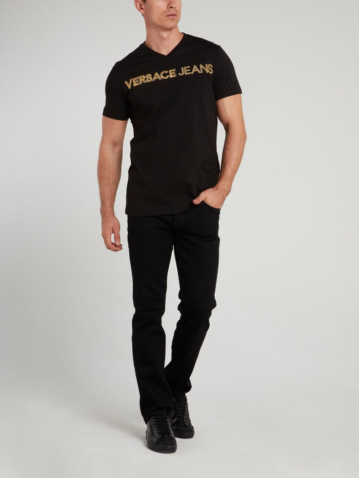 Black Logo Embroidered V-Neck T-Shirt